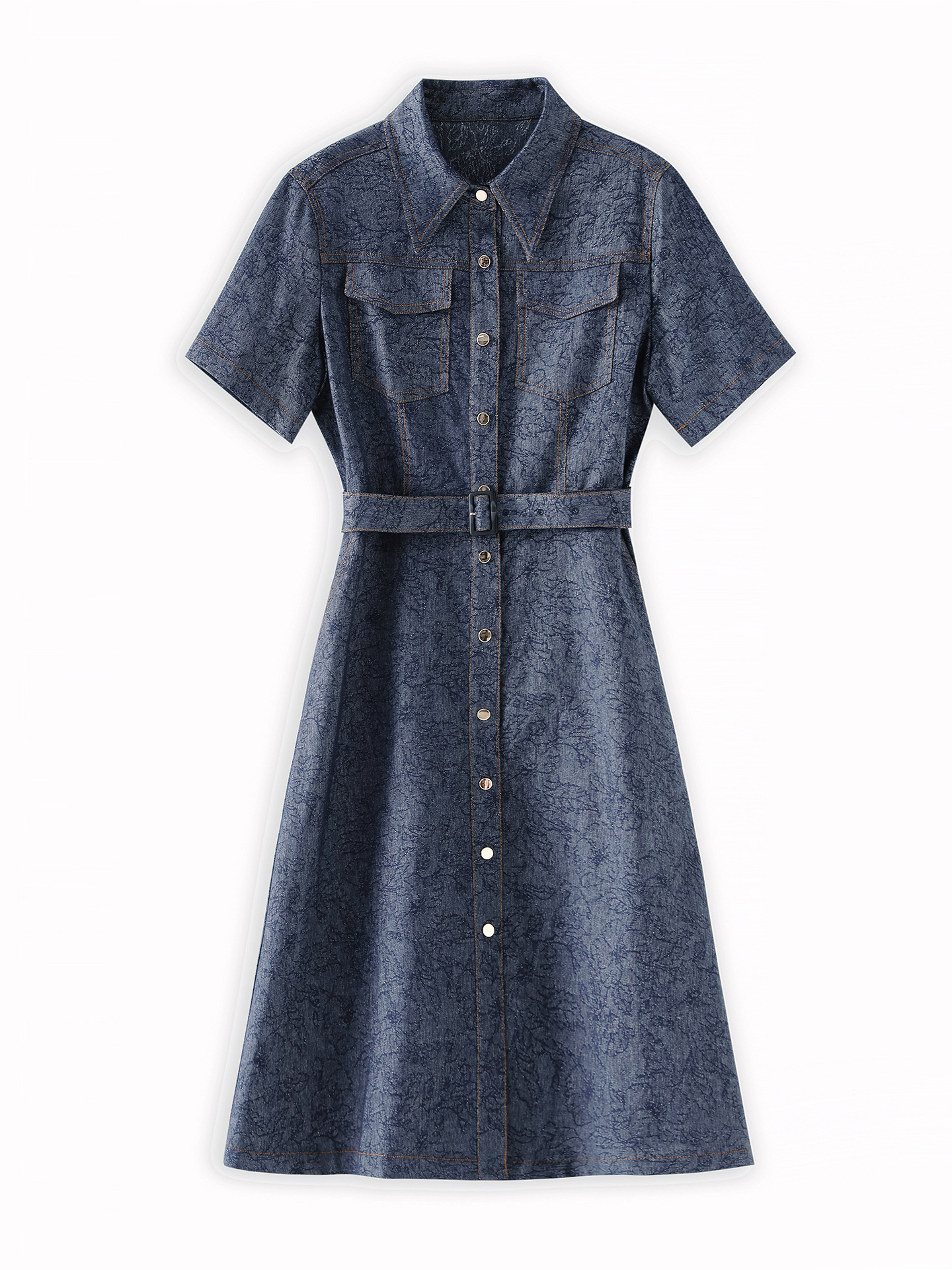 Váy liền denim jacquard cổ điển dáng dài vừa thắt eo tôn dáng — Màu xanh đậm