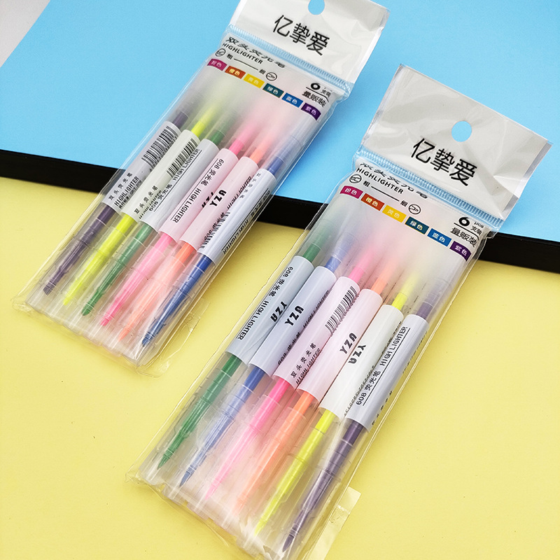 Dual-headed colored fluorescent highlighter set for students, 6-color set, handmade planner colored pens, wholesale manufacturer