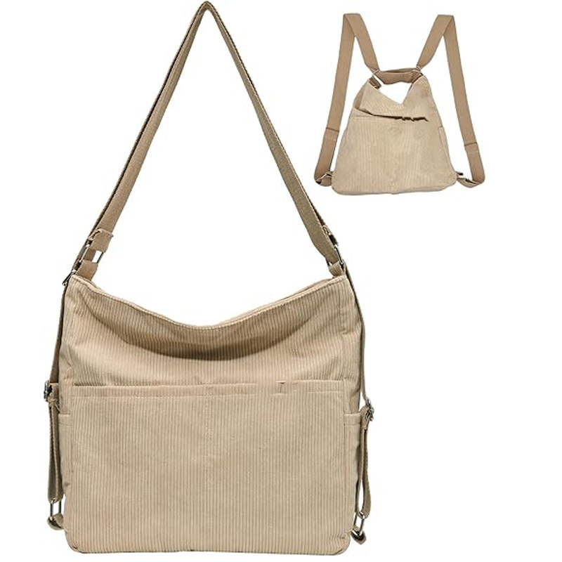 Corduroy Handbag Shoulder Bag Convertible Backpack Wallet Women's Multi-Pocket Tramp Handbag with Zipper