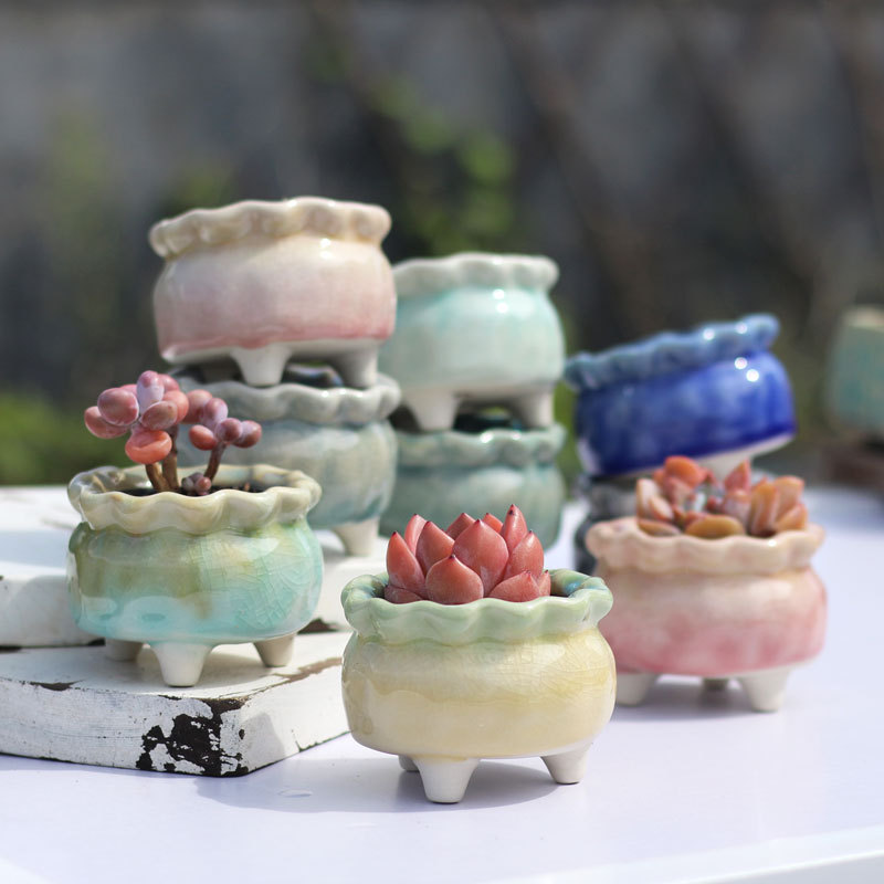 New succulent plant flower pot ceramic stoneware breathable Group ice crack cute personality desktop macaron control type clear