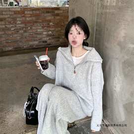 半拉链时尚针织套装女秋冬新款加厚宽松慵懒风休闲阔腿裤两件套潮