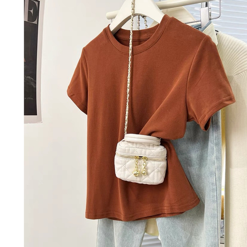 Basic Brown Cotton Shoulder Short-sleeved T-shirt Women's Spring and Summer Design Sense Niche Base Shirt Inner T-shirt Top
