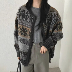 古着文艺复古风提花毛衣外套女秋冬新款费尔岛百搭针织开衫女1339