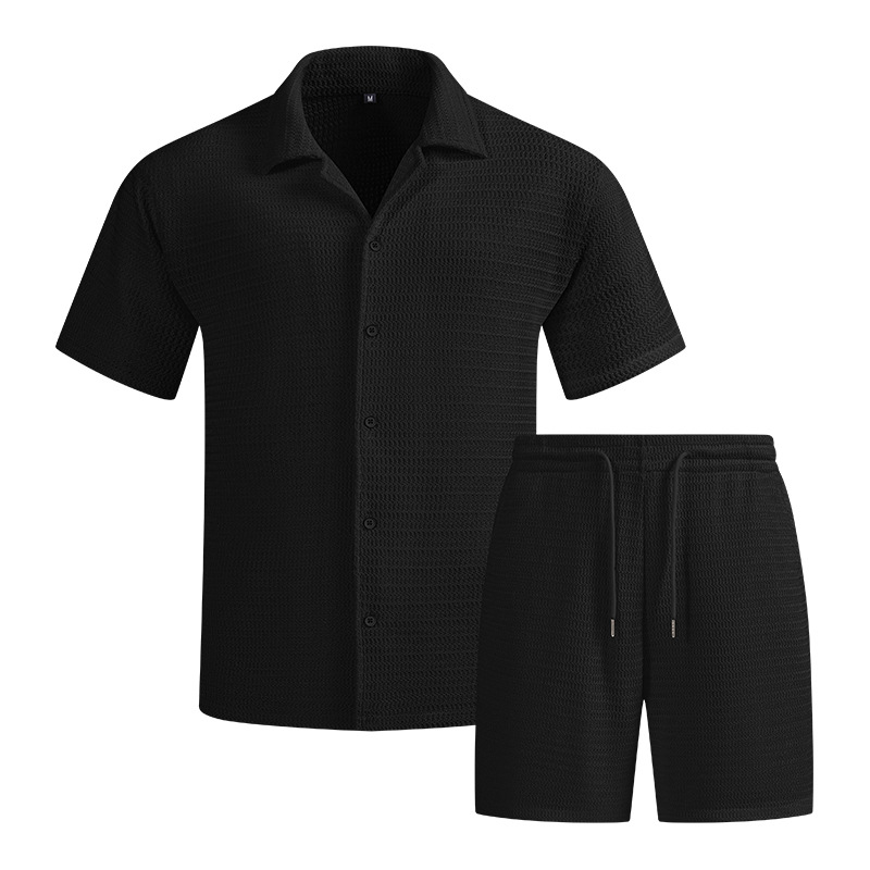 2026 Summer Cross-Border Plus Size Trendy Woven Texture Shirt Short-Sleeve Shorts Set Men's Shirt Sports Short-Sleeve