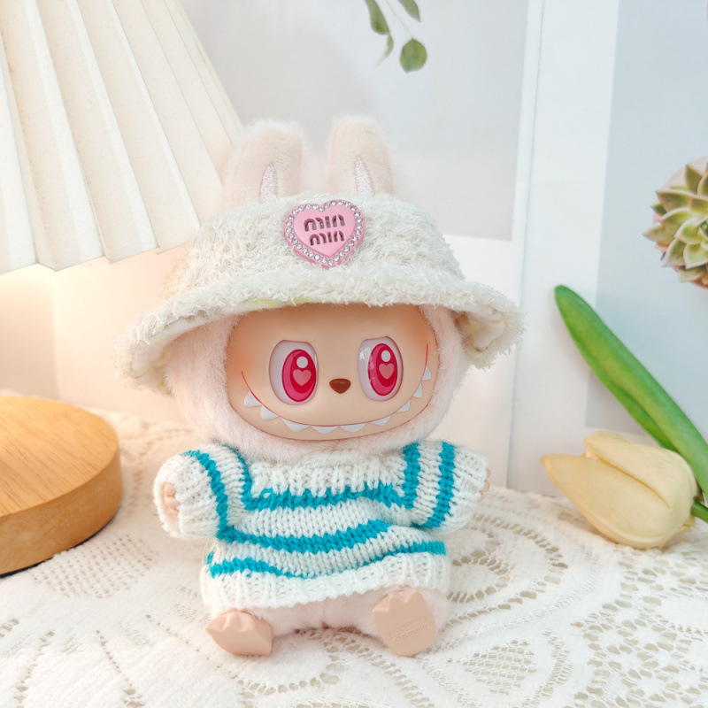 17 センチメートルビニールぬいぐるみマカロンラブブ LABUBU ベビー服ピンクのガーゼスカートヘアアクセサリー交換服|undefined