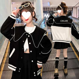 女童韩版娃娃领时髦外套2023新款中大童洋气女孩甜美棒球服开衫潮