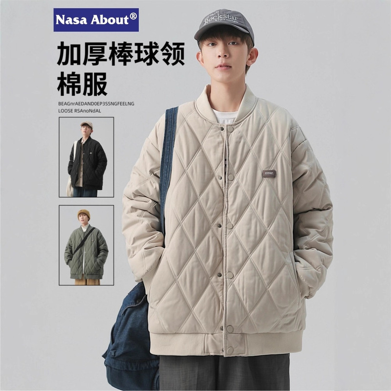Nasa Diamond Pattern Cotton Jacket Men's Autumn and Winter Youth Baseball Jacket Boys' Thickened Cotton Coat Jacket