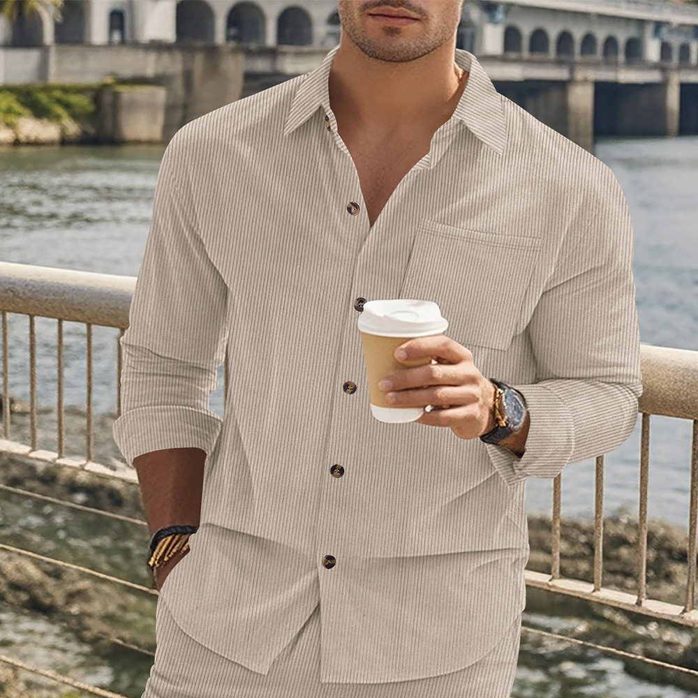 Tiktok Xiyin Amazon New Men's Corduroy Shirt Long-Sleeved T-Shirt Top with Button Cardigan Spring and Summer