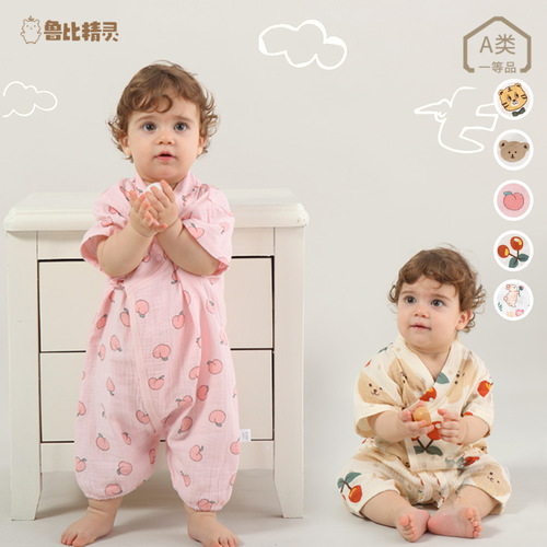 Baby summer short-sleeved cotton type A one-piece clothes thin gauze cotton bag fart clothes newborn baby monk clothes