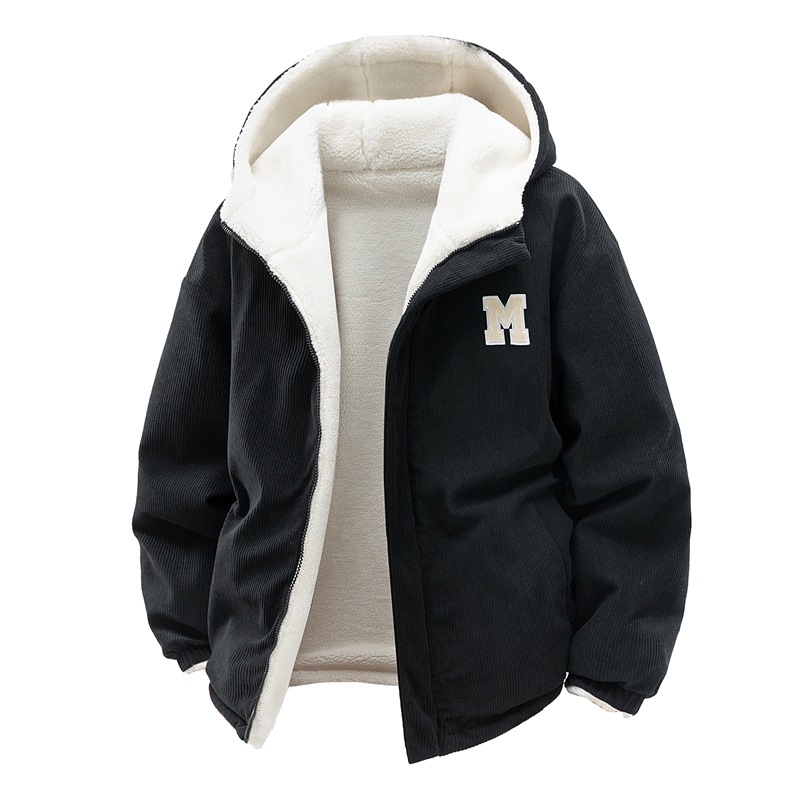 Corduroy Hooded Padded Jacket For Men And Women Thickened Padded Jacket Fleece Couple Padded Jacket_viptrois.com