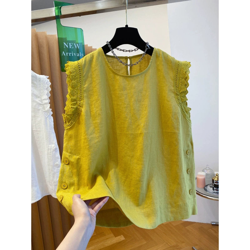 Летний топ для женщин из льна с европейским кружевным декором, без рукавов, свободный и стильный, синего цвета, лето 2025 года.