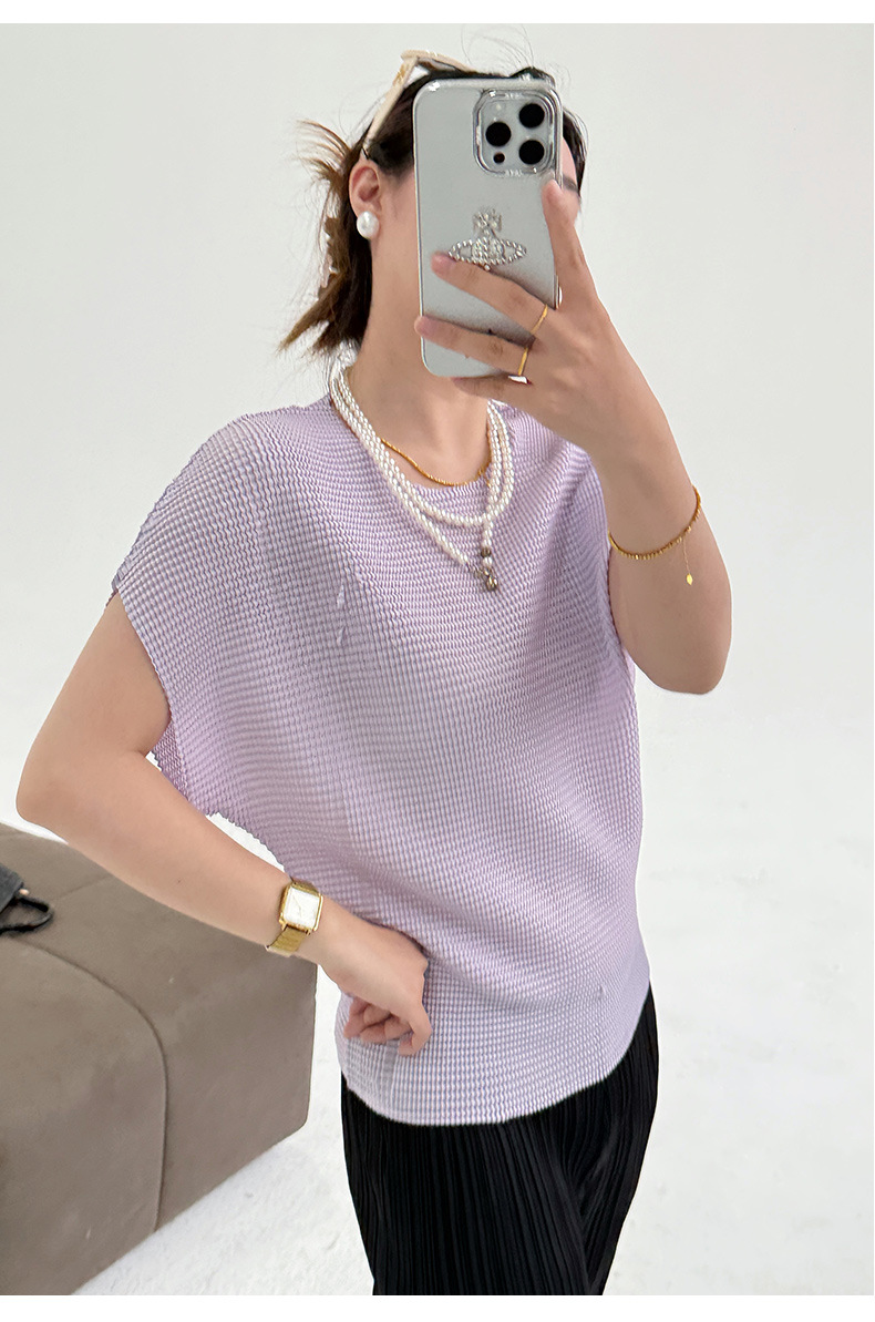 Áo thun nữ ngắn tay cổ tròn xếp ly co giãn cao — Tím hoa oải hương chi tiết 9