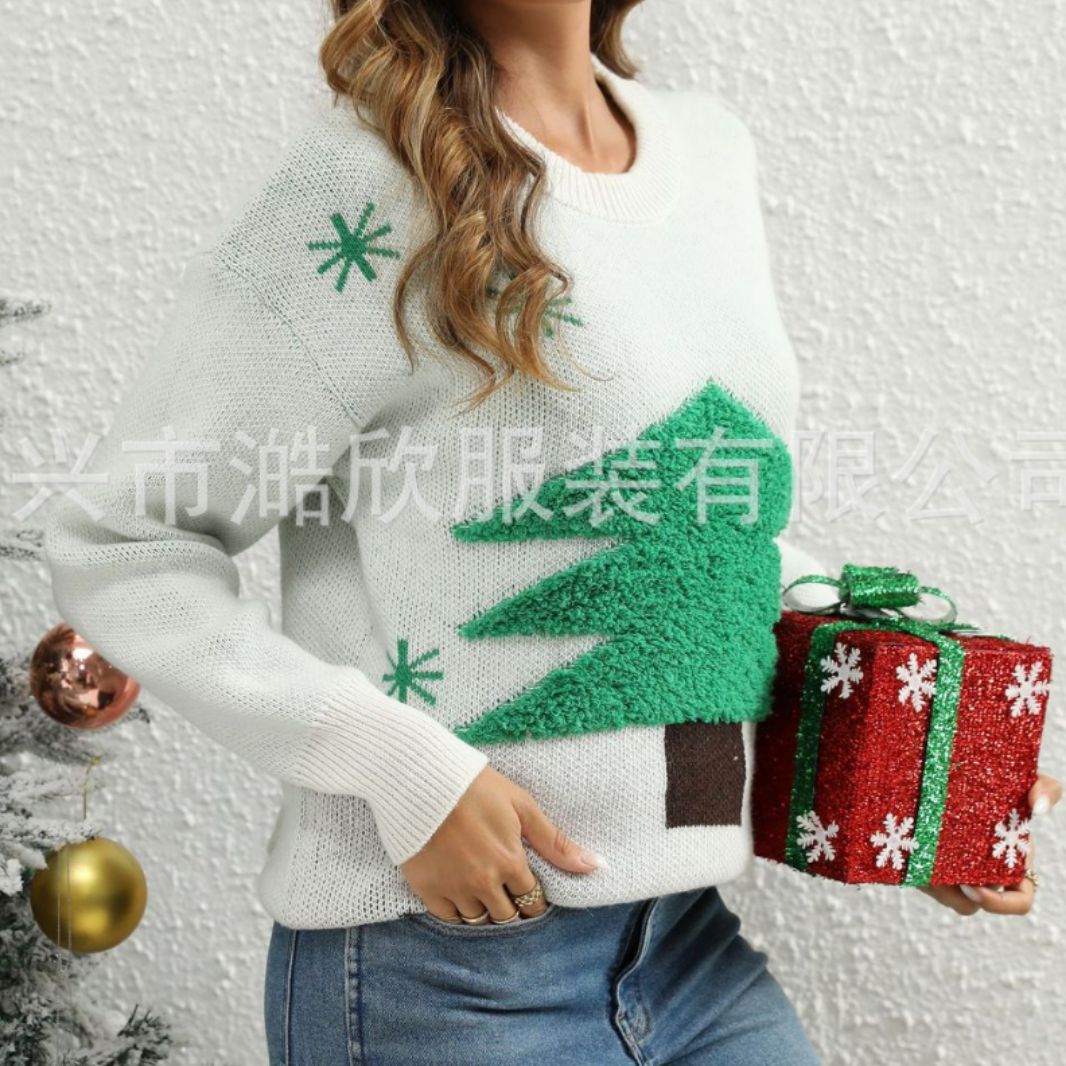 Jultröja för kvinnor Europeisk och amerikansk utrikeshandel gränsöverskridande dam julgran snöflinga jacquard varm tröja med rund hals