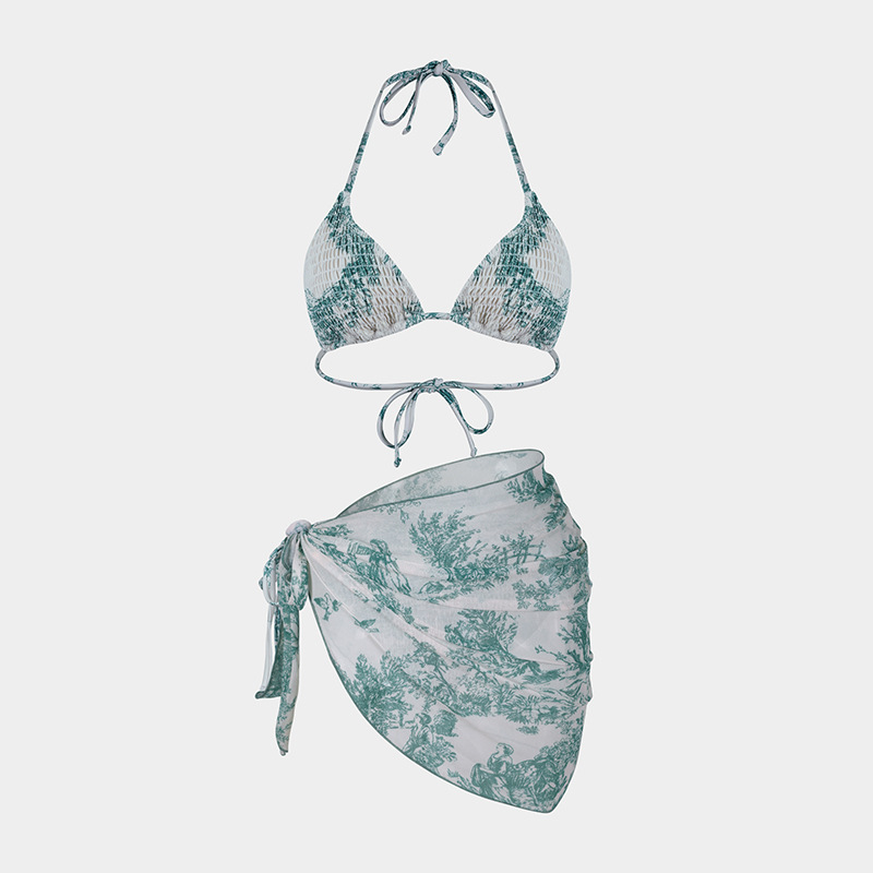 36g Weight Sleeveless Sleeve Length Polyester Fabric Type 3 Pieces Set Quantity Beach, Swimming Occasion Halter Neck Neckline Slim Fit Type Ditsy Floral Pattern Women's Gender Sexy Style Women's Sexy Ditsy Floral 3 Pieces Set Bikinis Swimwear 37