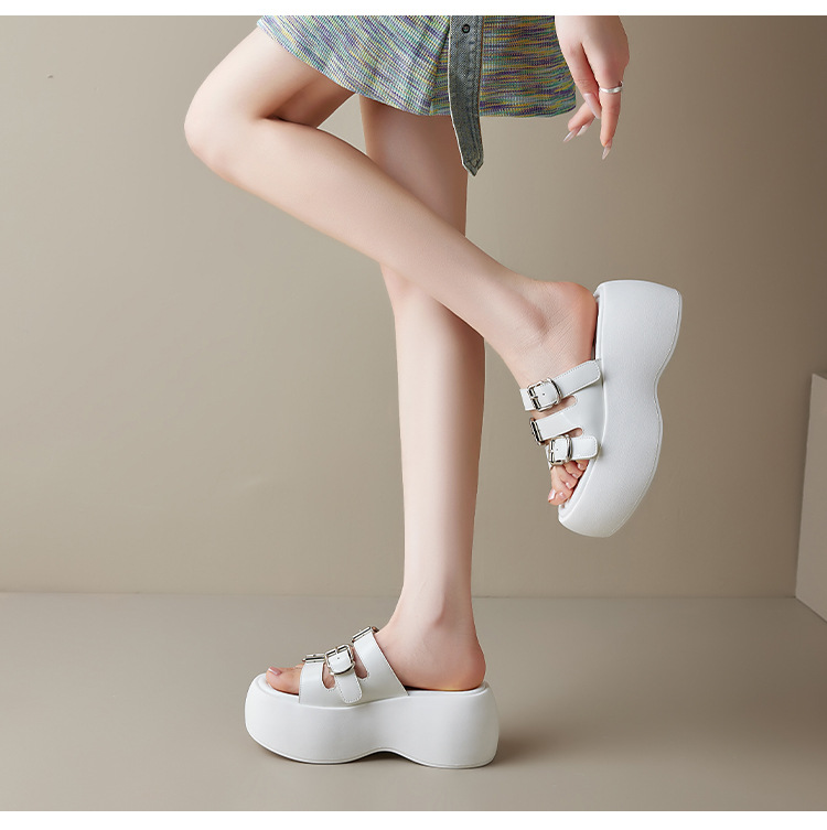 Dép sandal nữ quai chữ V đế dày 8cm, khóa thắt lưng, phong cách thời trang đi biển mùa hè — Màu đen, Màu trắng chi tiết 10
