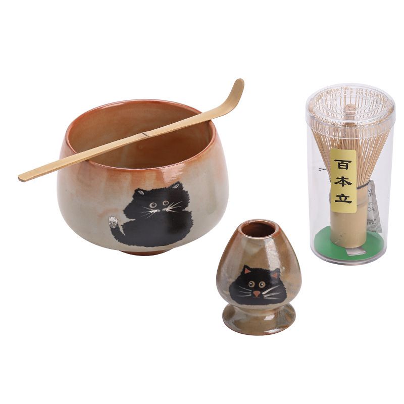志野猫 和風抹茶セット 陶器抹茶茶碗 茶筅立て 茶筅ホルダー 百本立茶 百戏茶道具|undefined