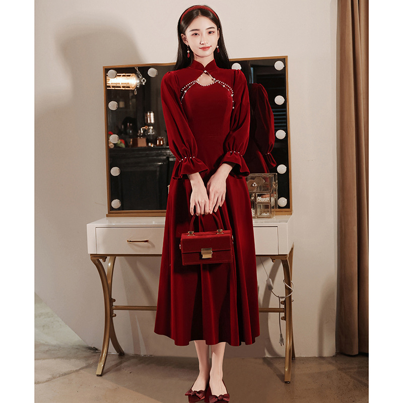 Qipao Dress Engagement Wedding Dress Women Wine Red Chinese Velvet Winter |  eBay