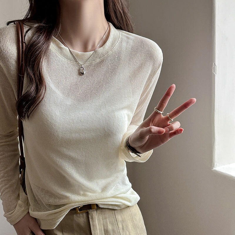 Thin Sun Protection Cover-Up for Women 2026 Spring and Summer New Trendy Slightly See-Through Long-Sleeved T-Shirt Loose Casual Lazy Style Top
