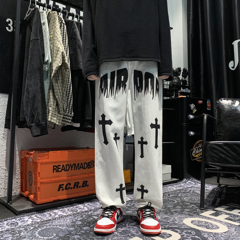 2024 Spring and Autumn Cross Jeans Men's Korean-style Harajuku Style Bf High Street Distinctive Loose Wide-leg Trousers