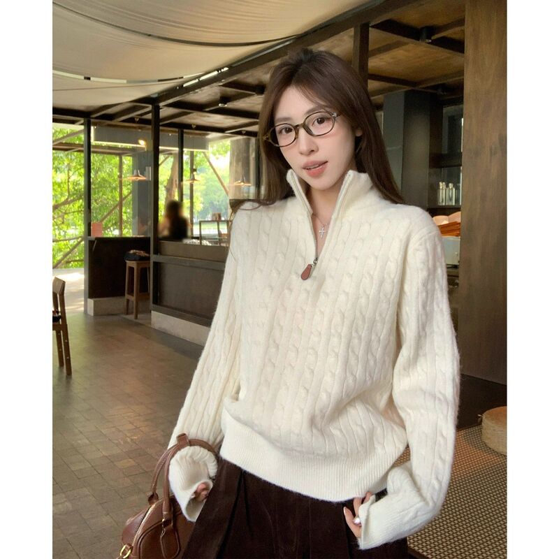 Korean-Style College-Style Cable Knit Sweater for Women, Half-Zip Stand Collar Base Layer Top, 2026 Autumn and Winter Loose Inner Wear