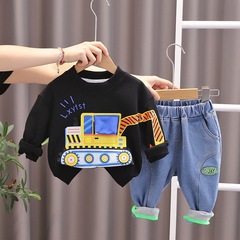 Yikids Fashion Boys Autumn Outfit Baby Boy Costume Excavator Long Sleeve Sweatshirt and Jeans Two-Piece Set