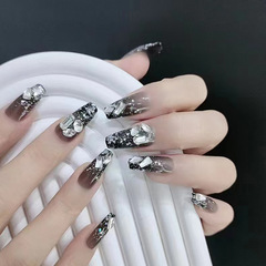 Wearable manicure wholesale mid-length black French flash aurora glass diamond manicure finished product removable nail patch