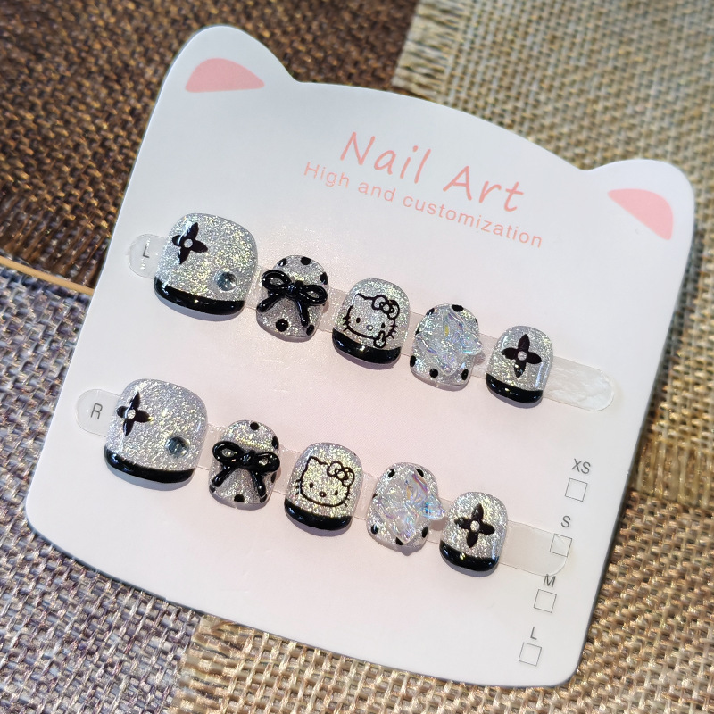 High-End French-Style Black and White Hello Kitty Children's Wearable Nails, Pure Handmade Nail Art for Ages 3-6-10, Fake Nail Stickers That Enhance Complexion