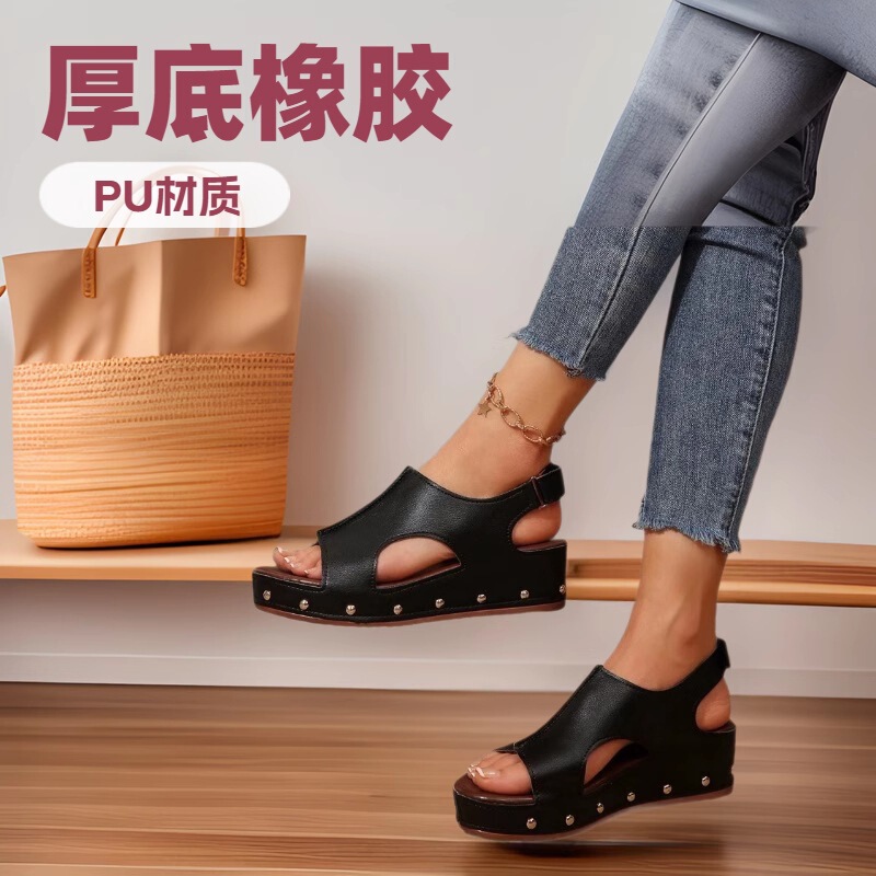 Cross-border European and American muffin thick-soled high-heeled sandals for women 2025 new velcro plus size rivet flat peeple sandals