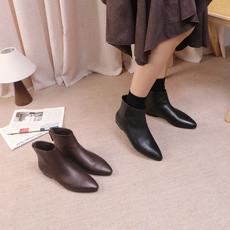 2025新款尖头短靴复古拉链款真牛皮基础款短靴