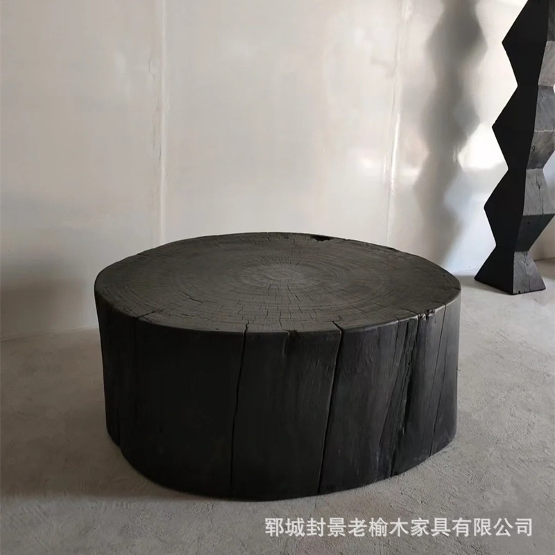 侘寂风圆桌老榆木民宿酒店圆形茶几木墩座凳子家用客厅阳台喝茶桌|undefined