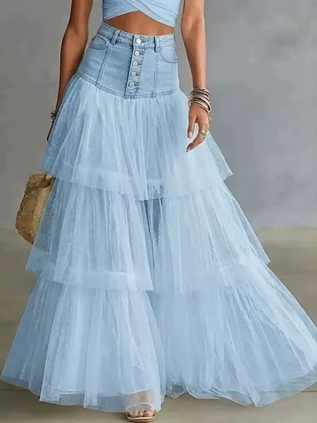 2026 Summer New European and American Cross-Border Denim Mesh Patchwork Skirt for Women, Multi-Layered Large Hem Skirt, High-End Skirt