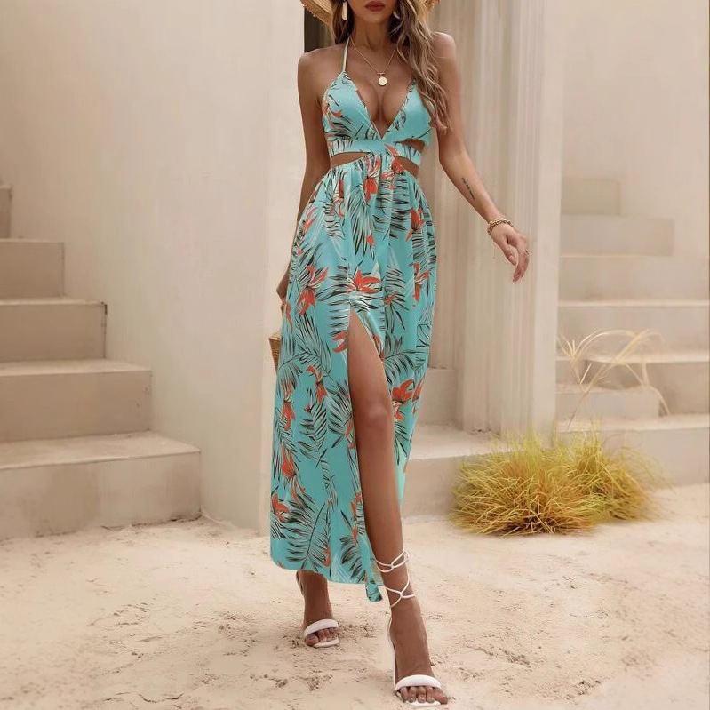 Cross-border wish Amazon 2025 best selling European and American style printed backless bow knot dew back collar slit dress Cross-border wish Amazon 2025 best selling European and American style printed backless bow knot dew back collar slit dress