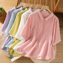 5色复古重工刺绣棉麻衬衫女气质翻领衬衣绣花上衣2025夏款薄半袖