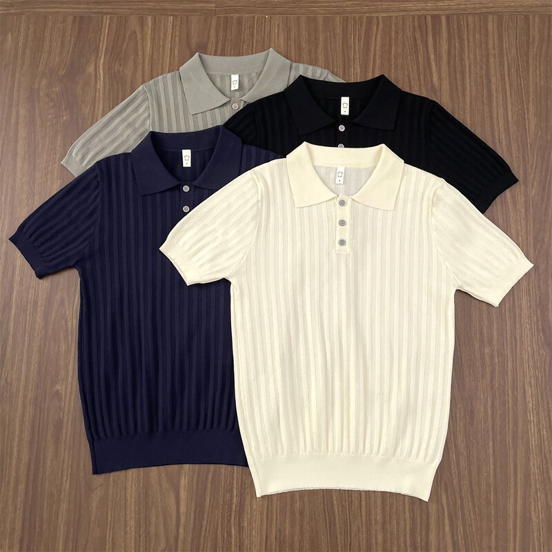 Light business casual thin short-sleeve sweater for men, trendy brand turn-down collar ice silk knitted t-shirt, men's summer half-sleeve top Light business casual thin short-sleeve sweater for men, trendy brand turn-down collar ice silk knitted t-shirt, men's summer half-sleeve top