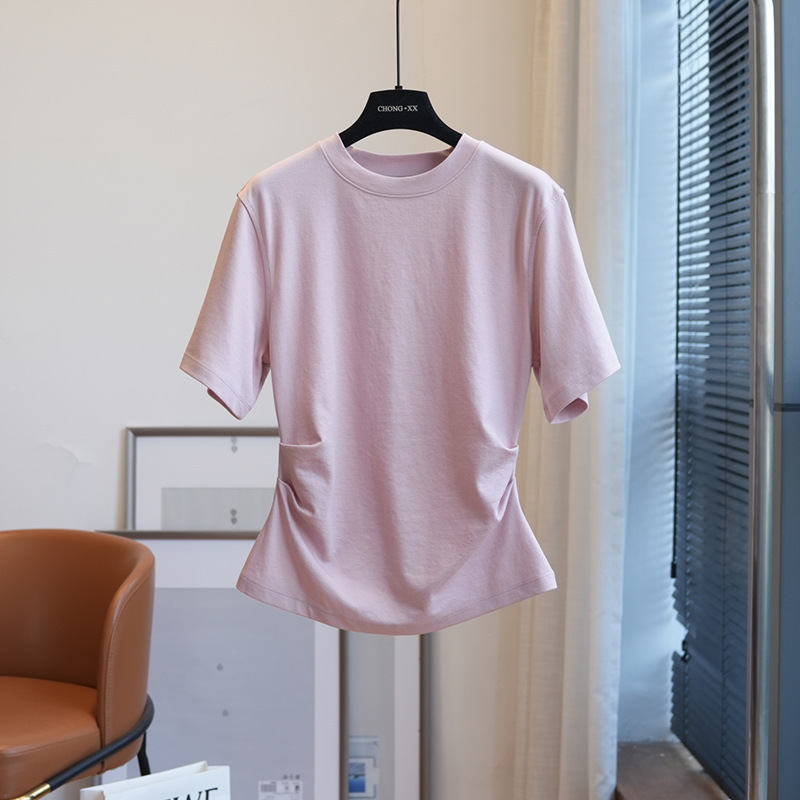 Japanese Triacetate Back Slit Pleated Waist Slimming Look Short-Sleeved T-Shirt Women's Tops 2024 Spring and Summer New Style 001