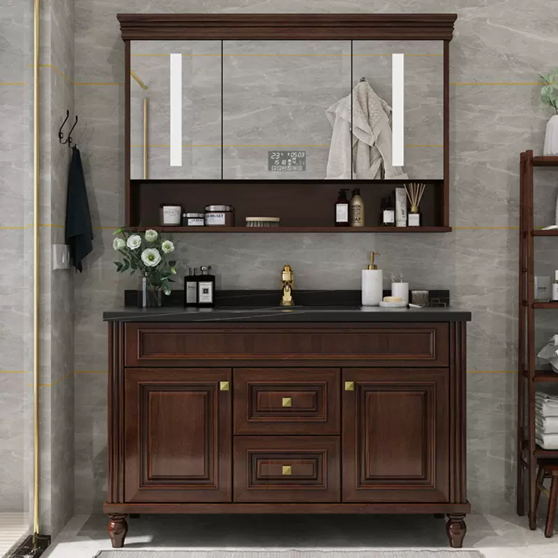 卫浴美式橡木浴室柜轻奢智能镜落地式卫生间洗手台盆洗脸盆柜组合