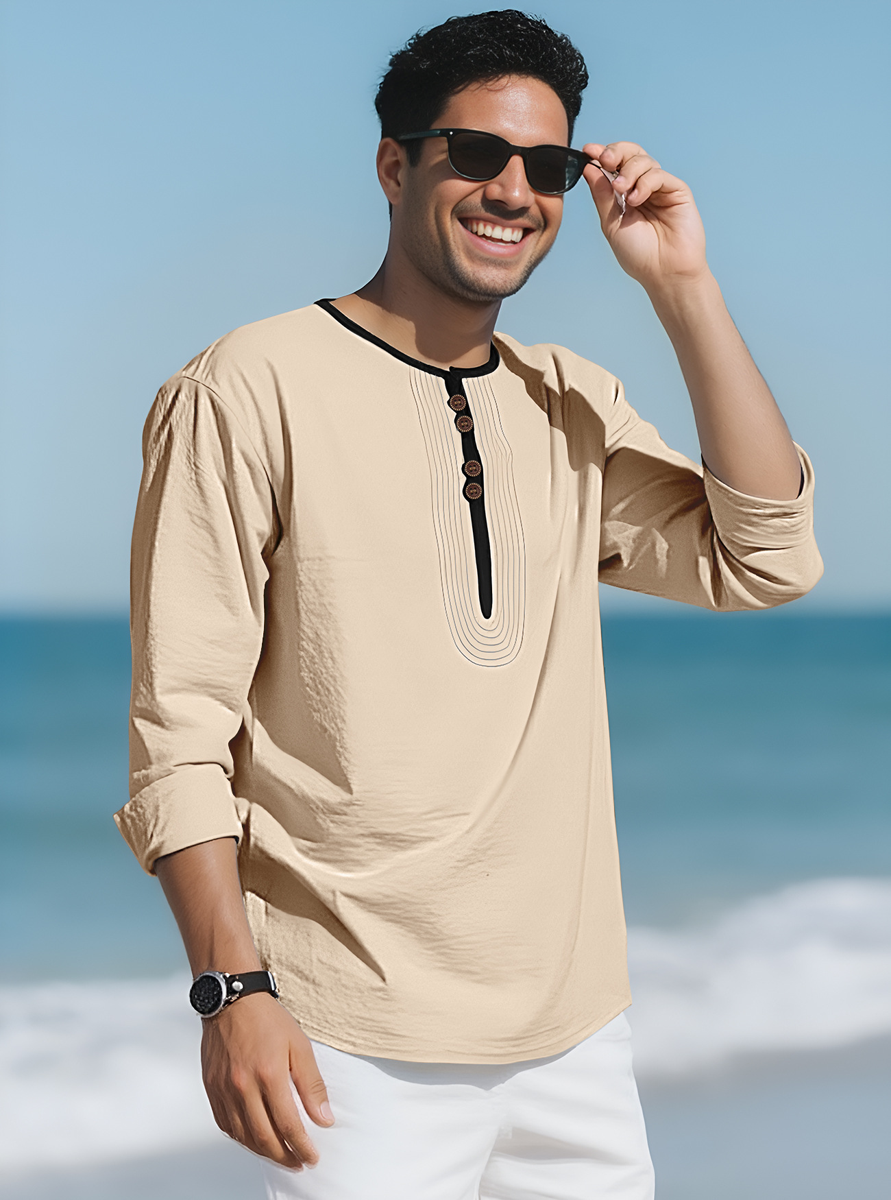 Monochrome Man- Cross-Border Foreign Trade Henry Collar European And American Men's Solid Color Linen Loose Casual Sports Long_viptrois.com
