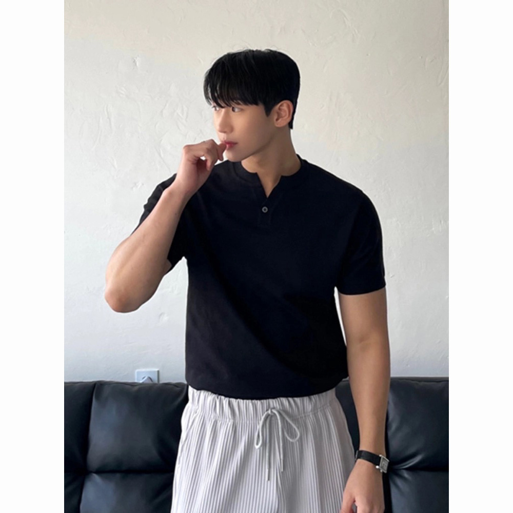 Verano nuevo estilo suéter de manga corta hombres botones de cuello Henry delgado negocios hielo seda camiseta coreana comercio exterior transfronterizo al por mayor