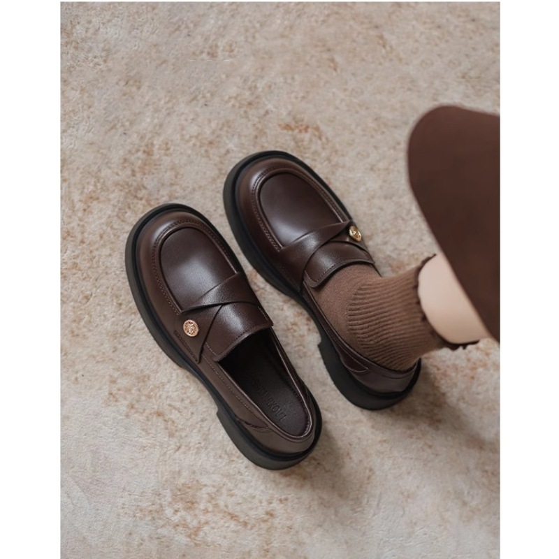 Soft Leather Version~Women's Loafers 2026 Spring and Autumn New Style Small Gold Coin Slip-On Shoes British Style Thick-Soled Slip-On Leather Shoes