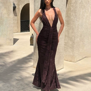 欧美女装2025夏挂脖深V连衣裙 时尚热销性感辣妹气质露背鱼尾长裙