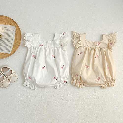 INS Summer Cute Baby Bodysuit with Lace Square Collar Embroidered Diaper Suit Cotton Sleeveless Hosiery Climbing Suit