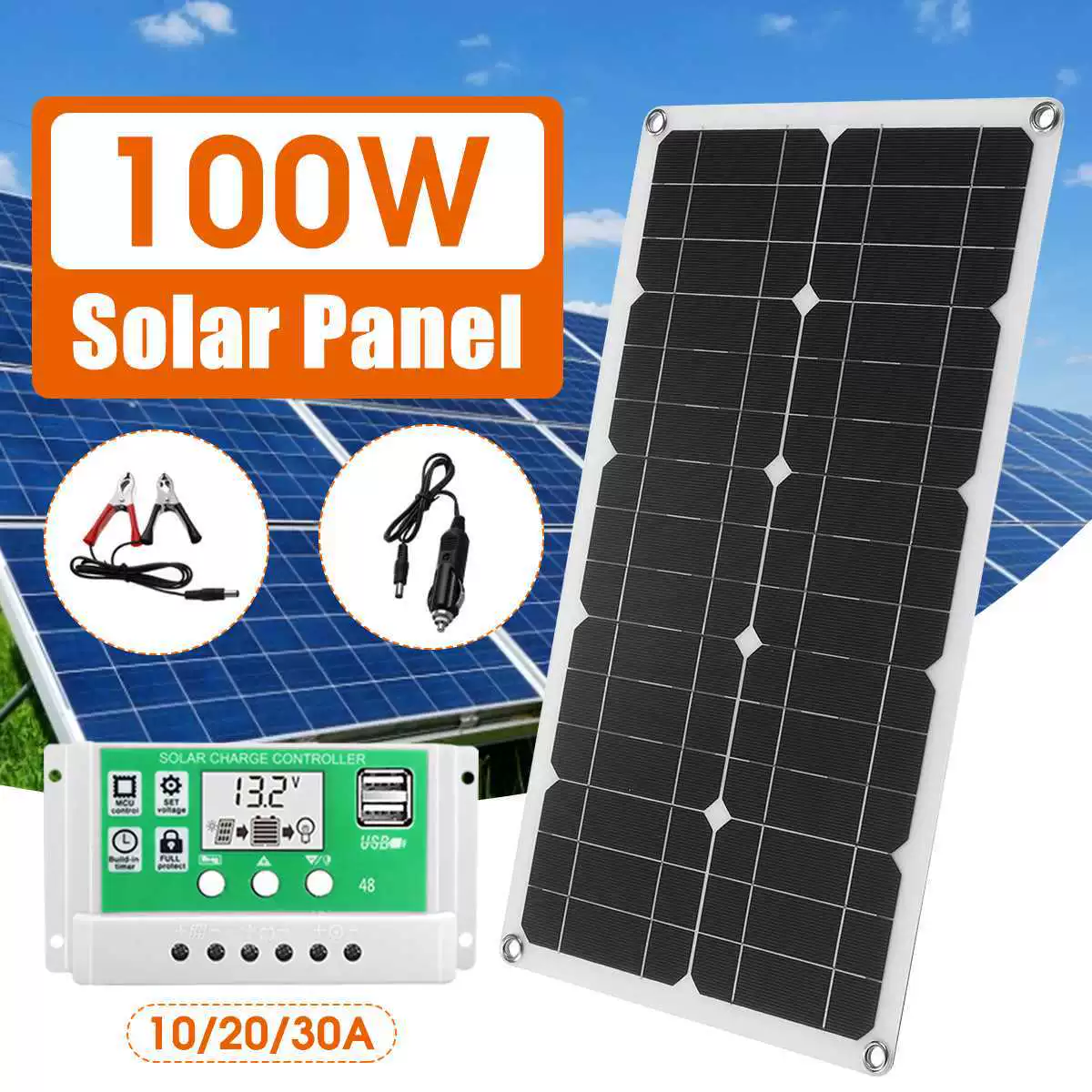 Солнечная батарея монокристалл, зарядное устройство, контроллер, 100W, 18V, 10A (A20), 20A (A30), 30A