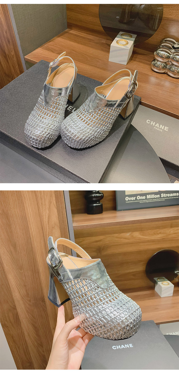 Sandal cao gót nữ đế xuồng platform dệt kim vàng, gót 10 cm, phong cách La Mã — Màu đen, Màu vàng, Màu bạc chi tiết 9