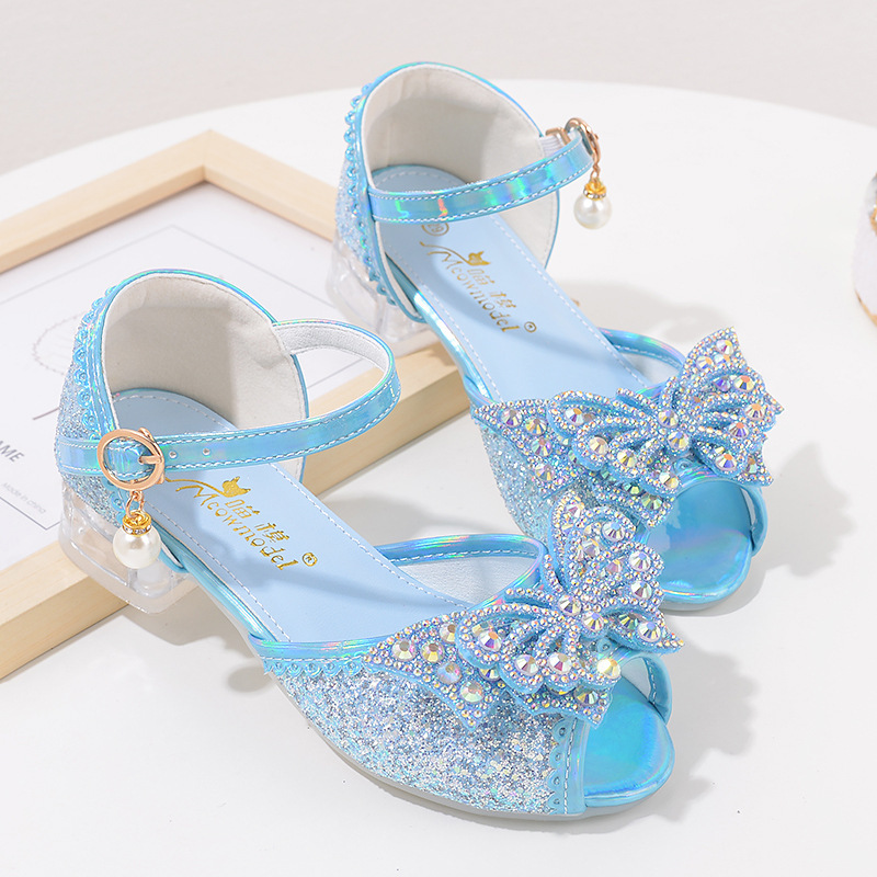 Summer Girls' Sandals with Rhinestones and Butterfly Design, Fashionable Children's High Heels, Open-Toe Little Girl Sandals with Crystal Heels and Soft Soles