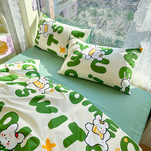 Pure cotton four-piece set 13372 thickened cotton sheet quilt cover and fitted sheet bedding single student three-piece set