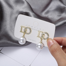 韩版简约字母珍珠耳环 s925银针时尚耳钉女 复古优雅气质耳饰批发
