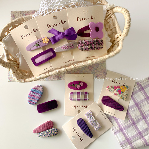 Korean purple hand-woven fabric hair clip cute girl floral hairpin plaid bow headgear hair accessory