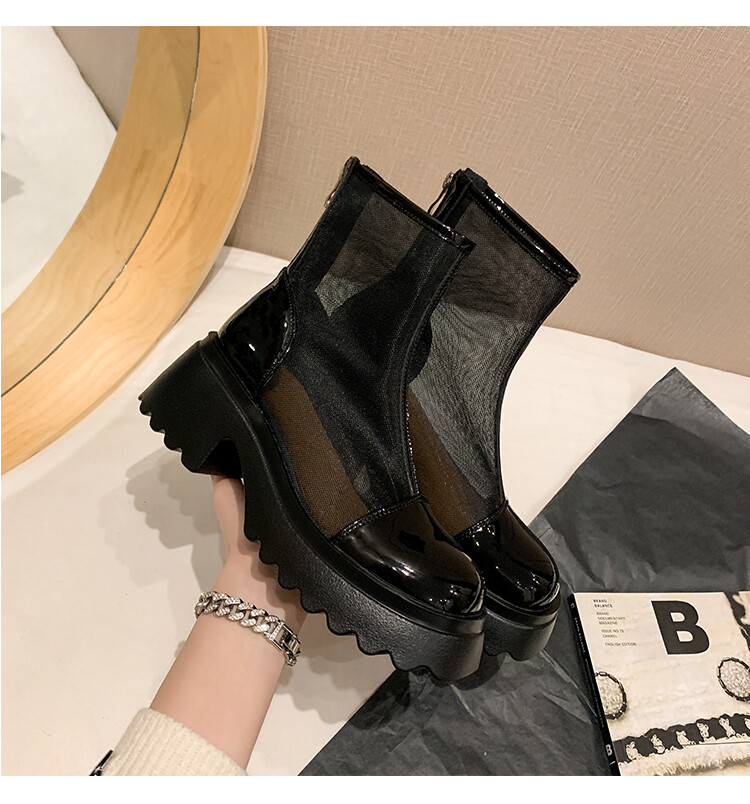 Boot ngắn nữ da thật vải lưới cao gót 6cm mùa hè phong cách Anh thoáng khí — Màu đen, Trắng be chi tiết 79