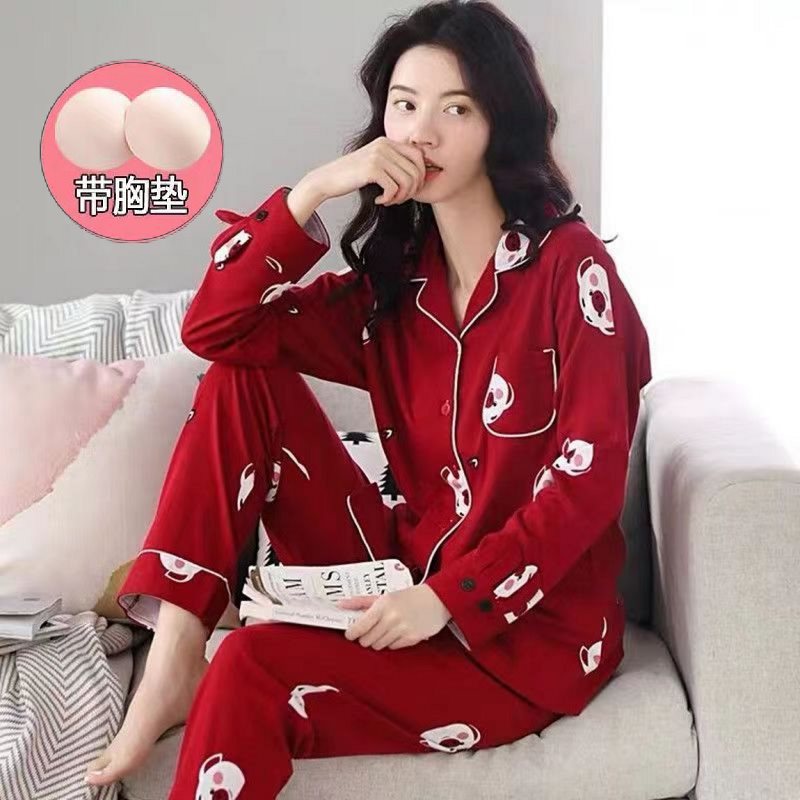 Otoño 100% pijamas de algodón puro para mujeres primavera y otoño con almohadilla en el pecho anti-Bump pantalones de manga larga ropa de abrigo de alta gama homewear
