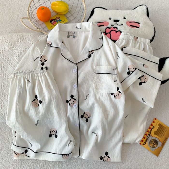 Cross-border tiro real nube de verano solapa de algodón cárdigan de tres piezas pantalones cortos de manga corta pantalones pijamas ropa de casa de dibujos animados para mujer